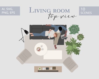 60+ Flat vector illustration TOP View- Furniture and decor elements  - Living room - AI - Png - Svg