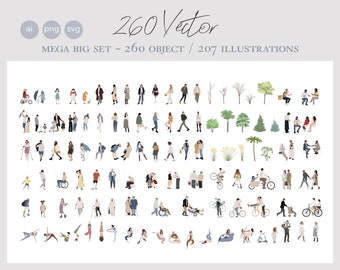 260 MEGA BIG SET- Flat vector cutout people - Ai - Png - Svg- male, female, kids, sitting, standing, going, playing, working, old, young,
