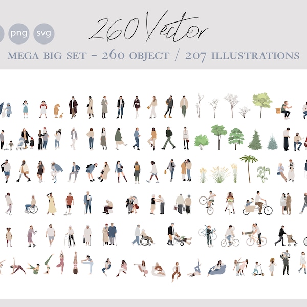 260 MEGA BIG SET - Flat vector cutout people - Ai - Png - Svg- männlich, weiblich, Kinder, sitzend, stehend, gehen, spielen, arbeiten, alt, jung,