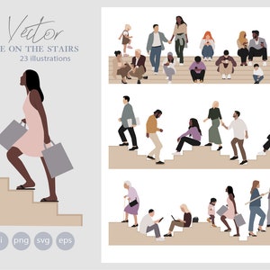 May include: Vector illustration of people walking up and down stairs. The illustration is in a flat style and features people of different ages, races, and genders. The illustration is perfect for use in a variety of projects, such as website design, social media graphics, and print materials.