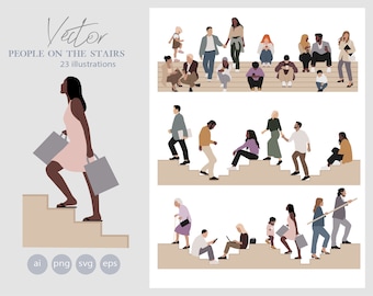 23 Flat Vector People - People on the stairs - Outdoor  - Pack of 23 Illustration - AI - Png - Eps - SVG Cutout