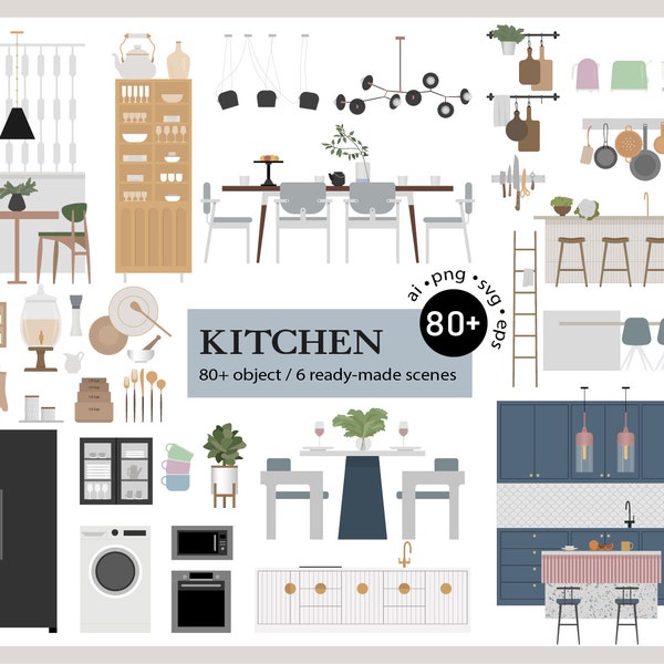 80+ Illustration vectorielle plate - Ensemble d’images clipart de cuisine - Éléments de décoration intérieure de meubles - AI - Png - Svg - Eps