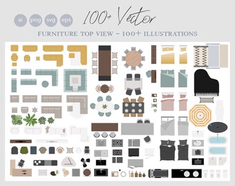 100+ Flat vector illustration TOP View- Furniture and decor elements - Bedroom - Living room - Bathroom - Kitchen - Hallway - AI - Png - Svg