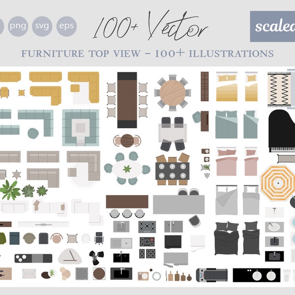 100+ Scaled 1/4” Flat vector illustrations TOP View - Furniture elements - Bedroom - Living room - Bathroom - Kitchen - Hallway -AI-Png-Svg