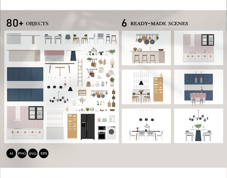 80+ Flat Vector Illustration - Kitchen Clip Art Set - Furniture ...