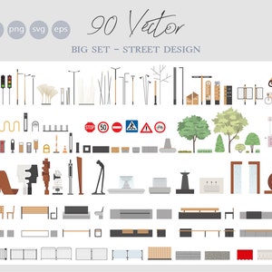 Puede incluir: Un gran conjunto de 90 ilustraciones vectoriales para el diseño de calles. El conjunto incluye varios muebles de calle, señales de tráfico, árboles y otros elementos. Las ilustraciones están en un estilo plano y son perfectas para usar en proyectos de diseño.