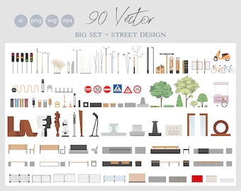 90+ Flat vector illustration - Furniture and decor street elements - Bench - Sculpture - Traffic lights - Plants - AI -  Png -  Svg - EPS