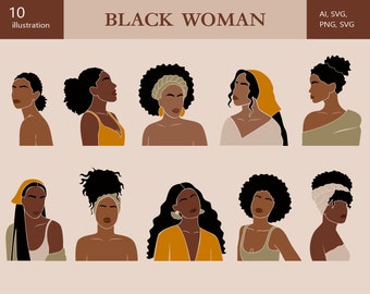 Mulher africana SVG, clipart de mulher negra, clipart de vetor feminino, impressão feminina africana, PNG abstrato feminino, uso comercial