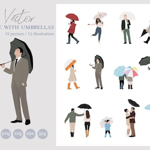 15 Flat Vector People - Personnes avec parapluies - Pack de 12Illustration - AI - Png - Jpg - Eps - SVG Cutout