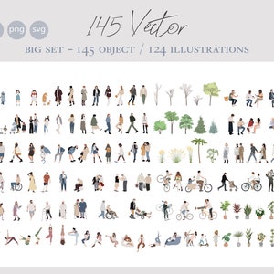 May include: A digital illustration set featuring 145 vector objects and 124 illustrations. The image includes various people, trees, plants, and scenes, such as people walking, cycling, and interacting. The text on the image reads "145 Vector" and "BIG SET - 145 OBJECT / 124 ILLUSTRATIONS."