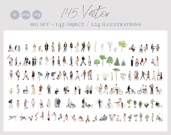 145 BIG SET - Flat vector cutout people - Ai - Png - Svg- male, female, kids, sitting, standing, going, playing, working, old, young, family