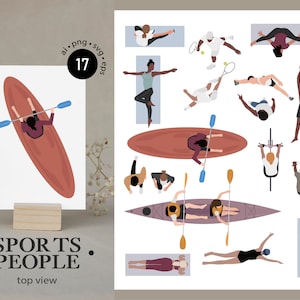 Puede incluir: Conjunto de ilustraciones en vista superior de 17 personas que participan en diversas actividades deportivas, incluyendo kayak, ciclismo, natación, yoga y tenis. Las ilustraciones están en un estilo plano con colores brillantes y líneas simples.