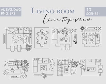 May include: Ten different line drawings of living room layouts viewed from above. Each layout shows furniture, decor, and people in various positions. The text "LIVING ROOM Line top view" is at the top of the image.