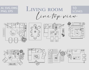 Vector illustration TOP View- Furniture and decor elements  - Living room - AI - Png - Svg - Dwg - SketchUp