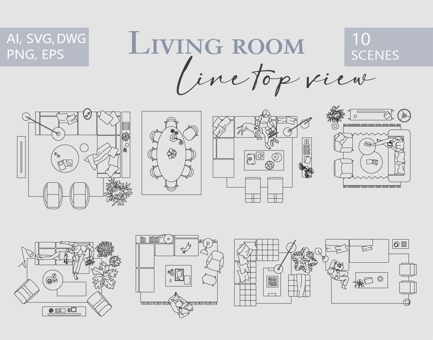 Vector Illustration TOP View Furniture and Decor Elements Living Room