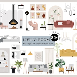 80+ Flat vector illustration - Living room Clip Art Set - Furniture interior decor elements - AI -  Png -  Svg - Eps