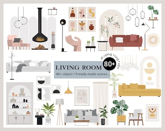 80+ Flat vector illustration - Living room Clip Art Set - Furniture interior decor elements - AI -  Png -  Svg - Eps