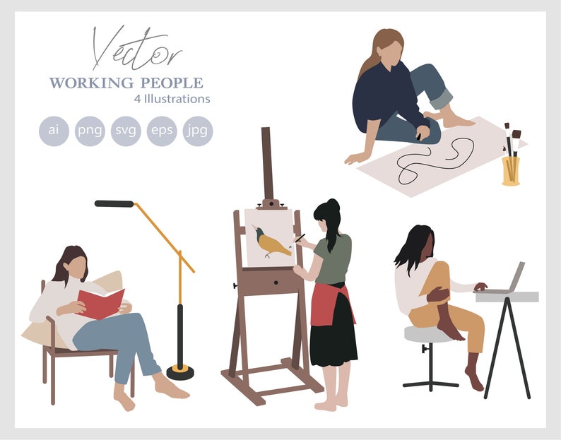 4 Flat Vector People Illustration - Working People - Indoor - Pack of 4 ...