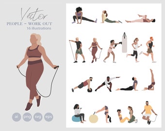 16 Flat Vector People work out Illustration - SPORT - Ai - Png - Svg -Eps