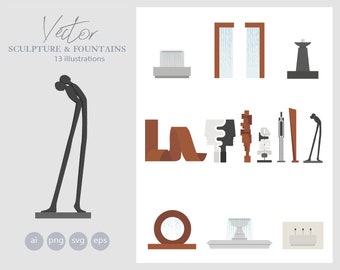 13 Set of Sculpture & Fountains Clipart - Flat Vector  Illustration AI - SVG - Png - EPS