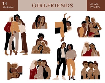 Könnte beinhalten: Eine digitale Illustration mit 14 verschiedenen Gruppen von Frauen, jede Gruppe besteht aus zwei oder drei Frauen. Die Frauen sind in verschiedenen Posen und Stilen dargestellt, mit unterschiedlichen Hauttönen, Haarfarben und Kleidung. Die Illustration ist im minimalistischen Stil gehalten, mit einfachen Linien und Formen.