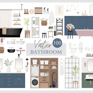 100 Flat vector illustration -Bathroom Clip Art Set - Furniture interior decor elements - AI -  Png -  Svg - Eps