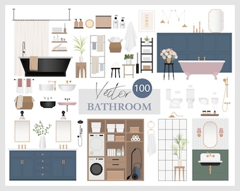 100 Flat vector illustration -Bathroom Clip Art Set - Furniture interior decor elements - AI -  Png -  Svg - Eps