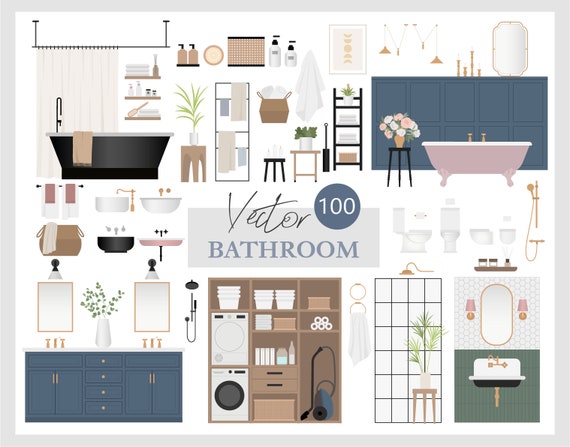 100 Flat Vector Illustration bathroom Clip Art Set - Etsy