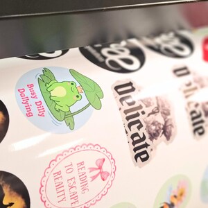 May include: A sheet of assorted stickers featuring a green frog with a crown on a lily pad with the text Busy Dilly Dallying, a pink oval sticker with the text READING TO ESCAPE REALITY, and various other circular stickers with text and illustrations.