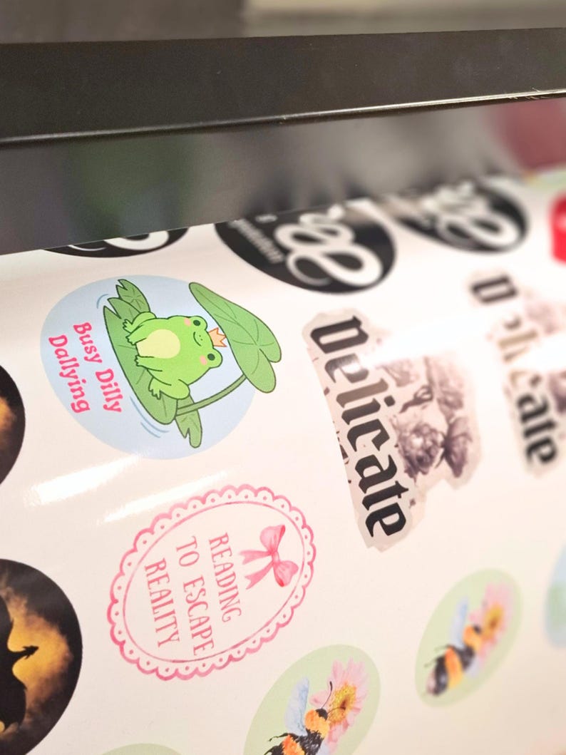 May include: A sheet of assorted stickers featuring a green frog with a crown on a lily pad with the text Busy Dilly Dallying, a pink oval sticker with the text READING TO ESCAPE REALITY, and various other circular stickers with text and illustrations.