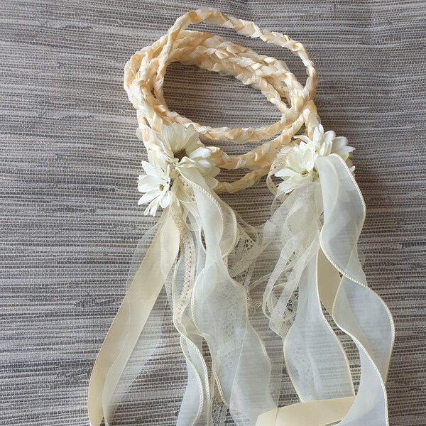 Beautiful Flowered creams and whites Ribbon Cord Flowered HandFasting Wedding Wicca