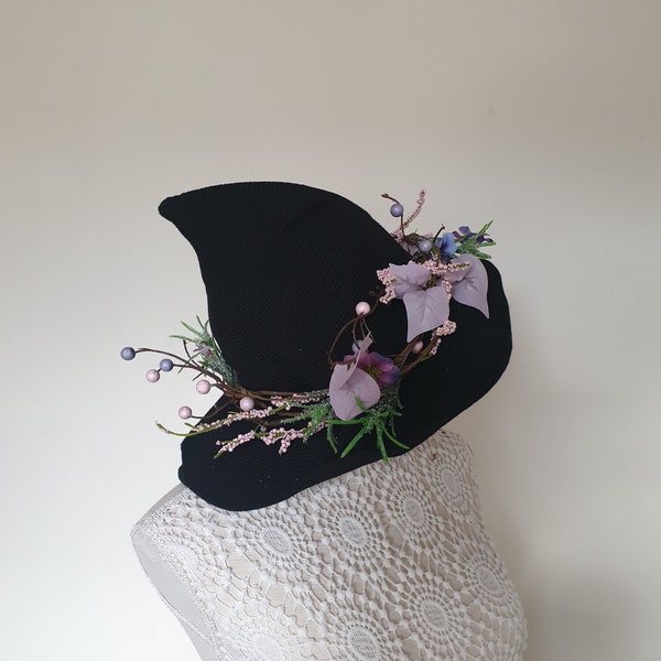 Black purple Fae flower Woodland Hat Halloween costume Witch knitted crochet pagan