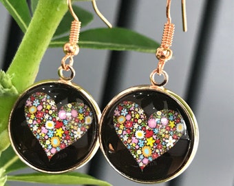 Colourful Flower Heart Earrings, Gift for Girlfriend, Stunning Love Heart  Drop Earrings, Glass Dome Earrings, Statement Earrings