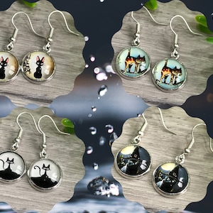 Black Cat Drop Earrings, Cat Lovers Gift, Cute Cat Dangle Earrings, Glass Dome Earrings, Silver cat earrings, Witches cat, Crazy cat lady