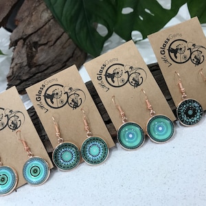 Rose Gold Aztec Earrings, Turquoise Mandala Drop Earrings, Rose Gold Dangle Earrings, Glass Dome Earrings, Boho Earrings, Aztec