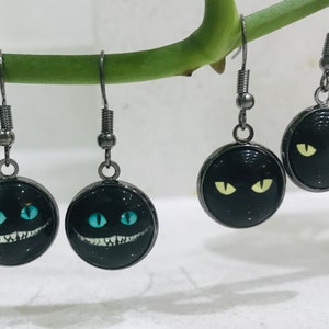 Cats Eyes Drop Earrings, Cat Dangle Earrings, Glass Dome Earrings, Silver cat earrings, Feline Earrings, Crazy cat lady