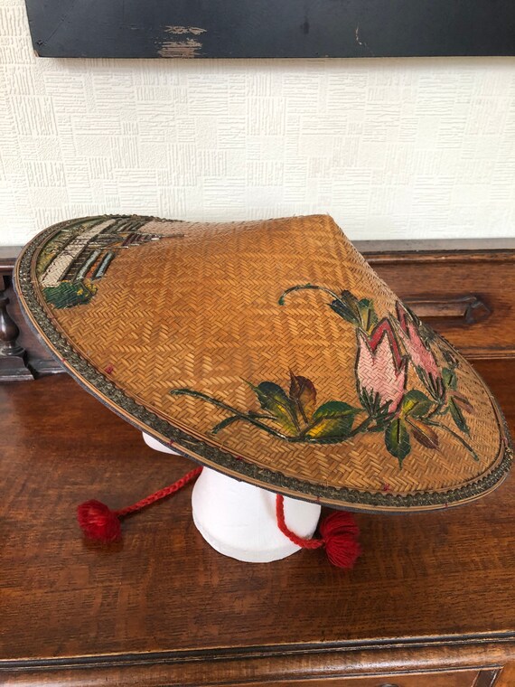 Rare 1930s painted bamboo vintage sun hat.
