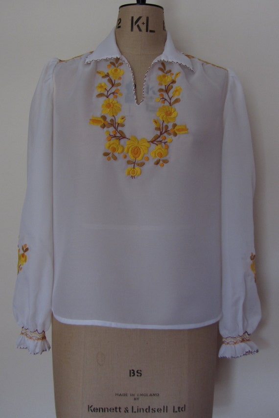 70s long sleeve peasant blouse hand embroidery an… - image 1