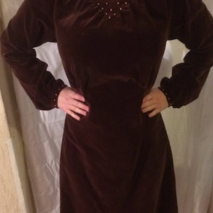 Stunning 1930s Cotton Velvet Evening Dress with Hand Embroidered Detail on Yoke and Cuff