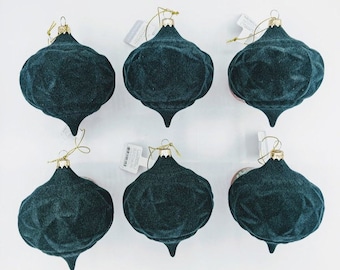 6 Lot Target Wondershop Green Flock Tear Drop Ball Christmas Ornament Onion NEW