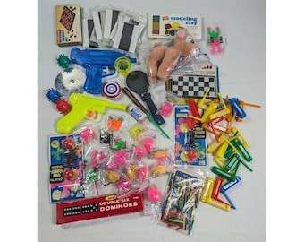Vintage Toy Lot 90s Novelty Dime Store Party Favors Tattoos Jacks Dominoes Clay