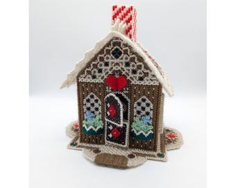 Vintage Handmade Needlepoint Gingerbread House Tissue Holder Christmas Canvas