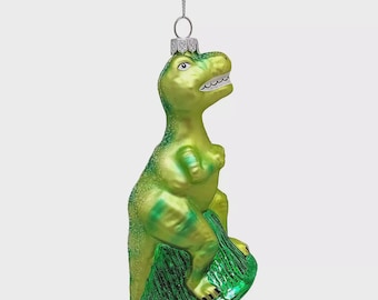 Green T-Rex Dinosaur Glass Christmas Ornament 7" Kohl's St Nicholas Square Retro