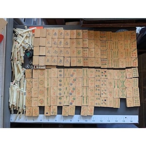 Antique 20s Admiral Mahjong Set Bone Bamboo Tiles Sticks Tin Box Hand Carved image 15