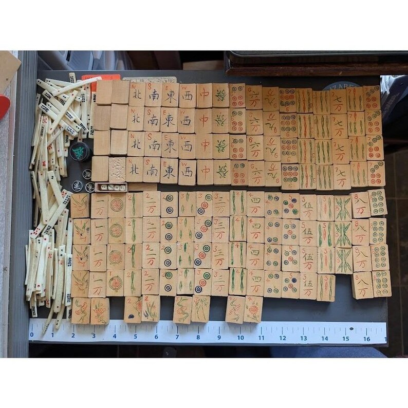 Antique 20s Admiral Mahjong Set Bone Bamboo Tiles Sticks Tin Box Hand Carved image 15