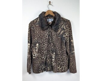 Vintage Leopard Animal Print Faux Fur Collar Cardigan Sweater Womens Size XL 20