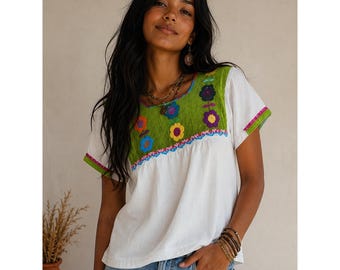 Handmade Mexican Huipil Top Medium Boho Peasant Gauzy Folk Artsy Embroidered