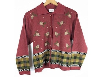 Fair Isle Fall Pine Cone Sweater Cardigan Small Autumn Rustic Farmhouse Cozy