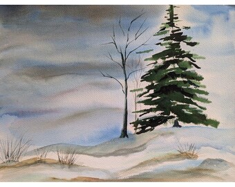 Vtg Landscape Watercolor 12x16 Winter Moody Dreary Snow Tree Signed Teri Banas