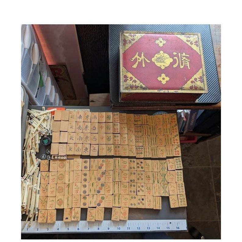 Antique 20s Admiral Mahjong Set Bone Bamboo Tiles Sticks Tin Box Hand Carved image 1